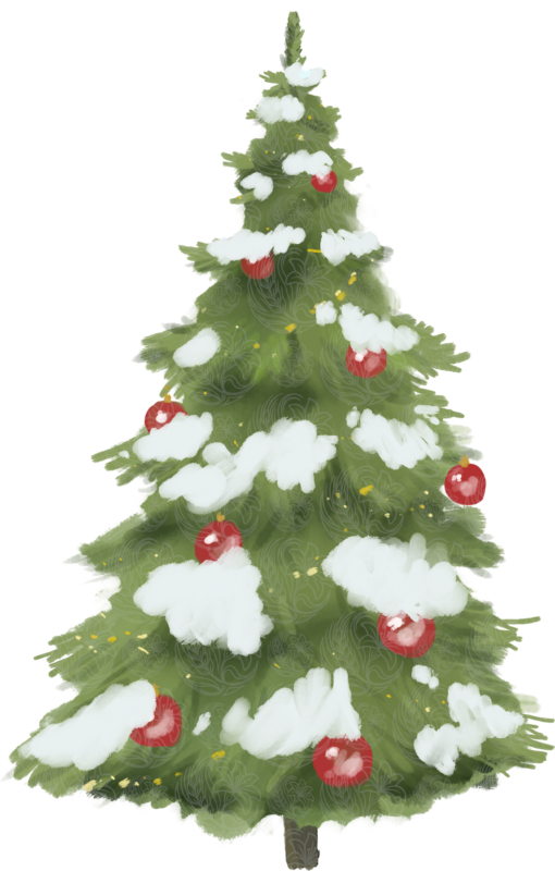 Christmas tree covered in snow with red ornaments and golden lights, Grey Barn Handwerk, Saskatchewan.